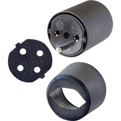 Abgebildet ist ein schwarzer Adapter, bestehend aus zwei Teilen mit Steckkontakt und Löchern für internationalen Steckeranschluss.