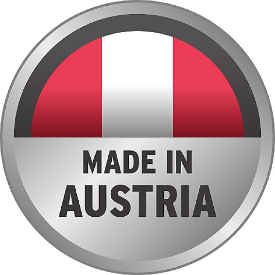 Runder Button mit rotem und weißem Streifen, darunter der Text 'MADE IN AUSTRIA'. Indikator für österreichische Herkunft.