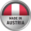 Runder Button mit rotem und weißem Streifen, darunter der Text 'MADE IN AUSTRIA'. Indikator für österreichische Herkunft.