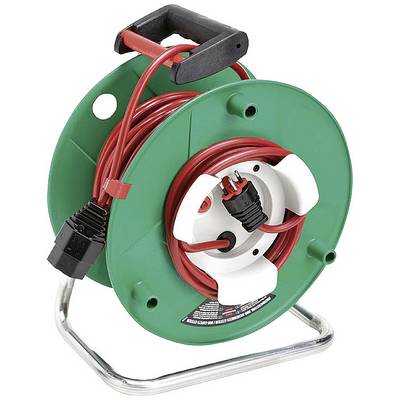 Eine grüne Kabeltrommel mit rotem Kabel, auf einem Metallständer.