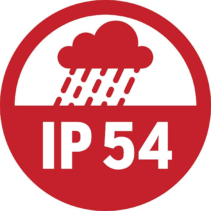 Rotes Symbol mit Regenwolke und dem Text 'IP 54', das auf Schutz gegen Staub und Spritzwasser hinweist.