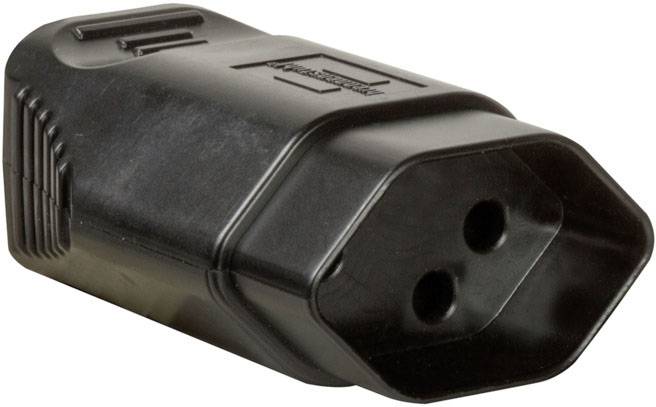 'Schwarzer Adapterstecker mit zwei runden Öffnungen, rechteckige Form mit abgeschrägten Ecken.'