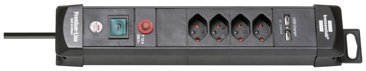 Steckdosenleiste mit vier Steckplätzen, einem USB-Anschluss, rotem Hauptschalter und einem Überspannungsschutzschalter.
