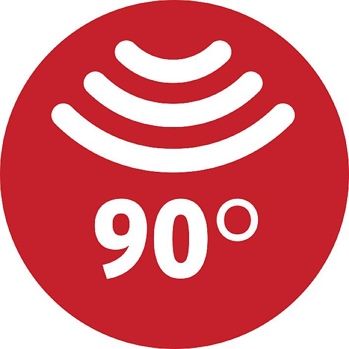 Rotes Symbol mit zwei weißen, gebogenen Linien, die Wellen darstellen, und der Zahl '90°' darunter.