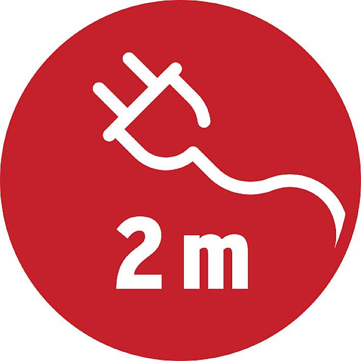 Roter Kreis mit weißem Stromkabel-Symbol und der Aufschrift '2 m', Hinweis auf Sicherheitsabstand.