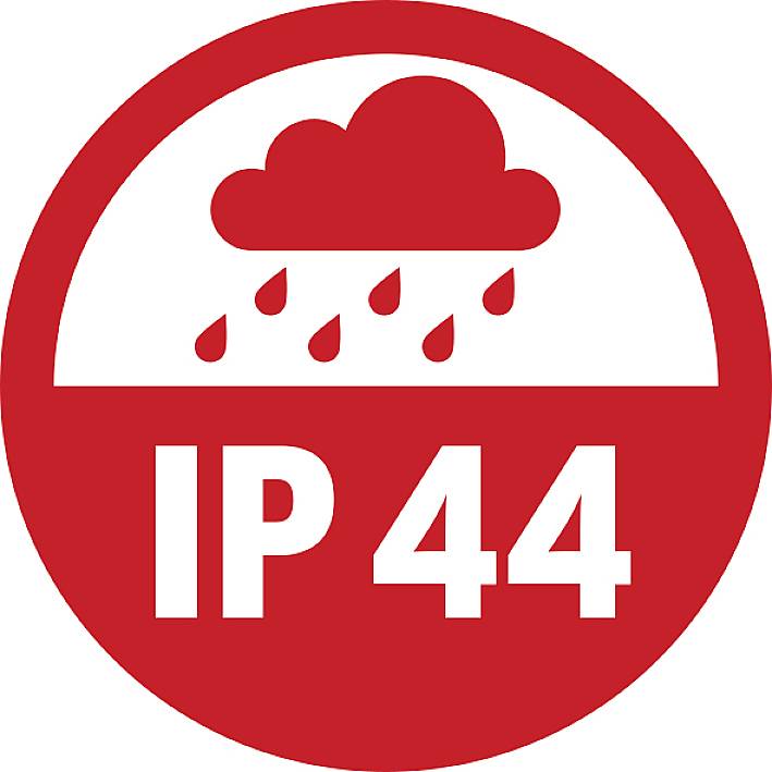 Rotes Symbol zeigt eine Wolke mit Regen und den Text 'IP 44', was auf Spritzwasserschutz hinweist.