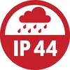 Rotes Symbol zeigt eine Wolke mit Regen und den Text 'IP 44', was auf Spritzwasserschutz hinweist.