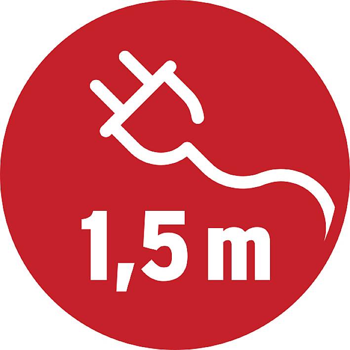 Ein rotes Schild mit einem weißen Steckersymbol und der Aufschrift '1,5 m', das auf einen empfohlenen Sicherheitsabstand hinweist.