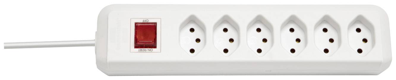 Weiße Steckdosenleiste mit sechs Steckplätzen und rotem Ein-/Ausschalter auf der linken Seite.