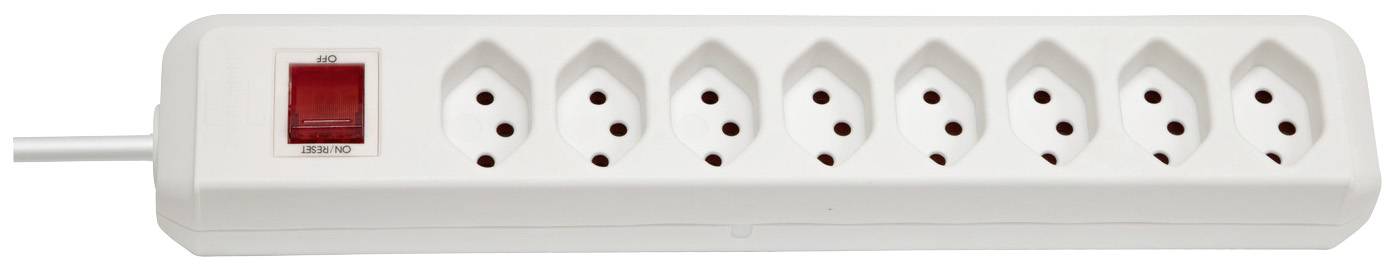 Weiße Steckdosenleiste mit acht Steckplätzen und einem roten An-/Ausschalter auf der linken Seite.