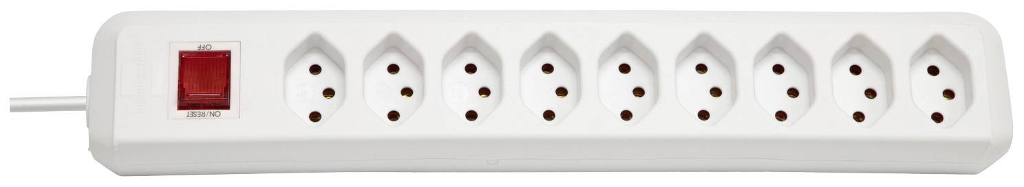 Eine weiße Steckdosenleiste mit acht Buchsen und einem roten Ein-/Aus-Schalter.