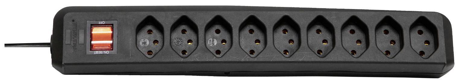 Eine schwarze Steckdosenleiste mit acht Steckplätzen und einem roten Ein-/Ausschalter links.