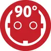Ein roter Kreis mit einem stilisierten Steckdosenbild und der Aufschrift '90°', was auf eine 90-Grad-Drehung hinweist.