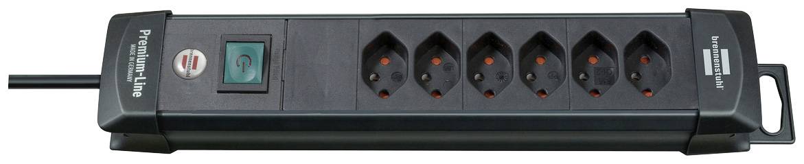 Schwarze Steckdosenleiste mit sechs Steckplätzen und einem Ein-/Ausschalter. Markenlogo auf der linken Seite sichtbar.