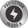 Eine runde Metallscheibe mit einem Blitzsymbol in der Mitte. Oben steht 'PROTECTION', unten '19.500 A'.