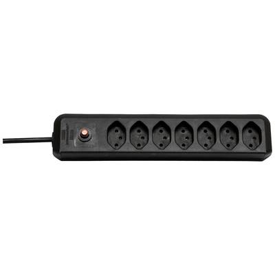 Schwarze Steckdosenleiste mit sieben Steckplätzen und rotem Ein-/Ausschalter. Geeignet zur Erweiterung von elektrischen Anschlüssen.