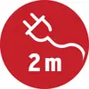 Ein rotes Schild zeigt ein weißes Stecker-Symbol über der Aufschrift '2 m', was auf einen Sicherheitsabstand von 2 Metern hinweist.