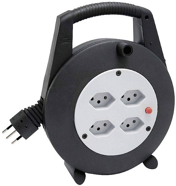 Ein schwarzer Kabeltrommel mit vier weißen Steckdosen und abnehmbarem Stecker, geeignet für den Einsatz in Werkstätten oder zu Hause.
