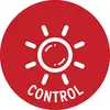 Ein roter Kreis mit einem Sonnensymbol in der Mitte und dem Wort 'Control' darunter, was auf Steuerung oder Leitung hinweist.