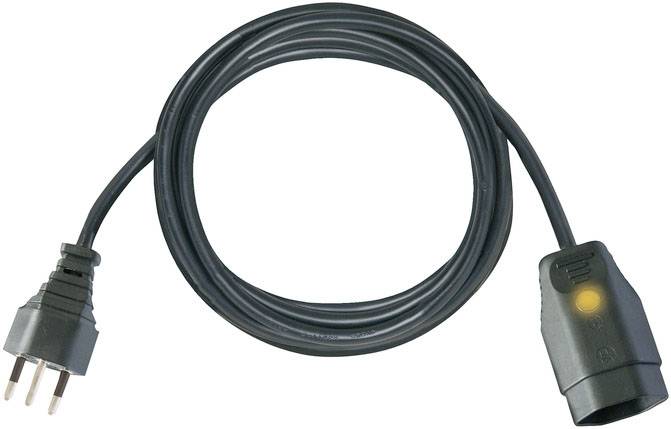 Ein Verlängerungskabel mit einem dreipoligen Stecker und einer Buchse, geeignet für den Anschluss elektrischer Geräte.