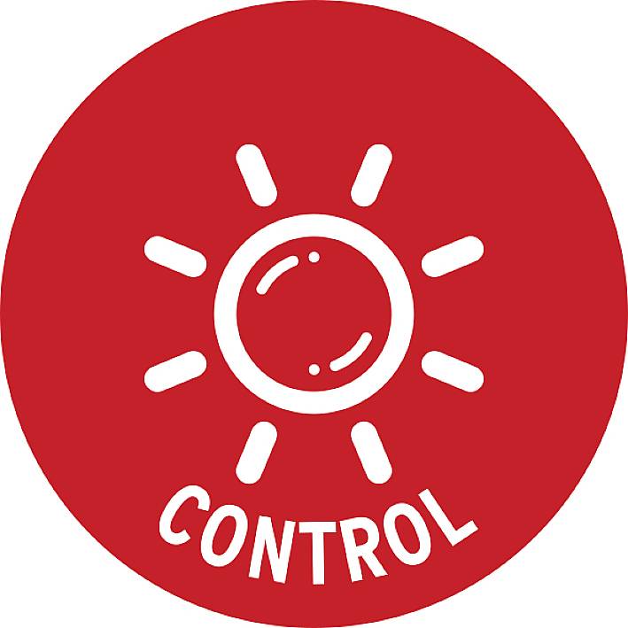 Ein roter Kreis mit einem weißen Sonnensymbol in der Mitte und dem Wort 'Control' darunter. Symbolisiert Steuerung oder Kontrolle.
