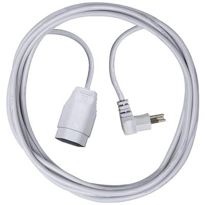 Weißes Verlängerungskabel mit einer Steckdose und einem Schuko-Stecker, gespult in einer lockeren Schlaufe.