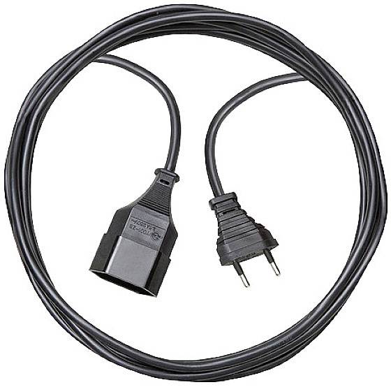 Ein schwarzes Stromkabel mit einem Eurostecker und einer Buchse, geeignet für europäische Steckdosen, in einem Kreis ausgelegt.