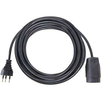 Ein schwarzes Stromkabel mit einem dreipoligen Stecker auf der linken Seite und einer Buchse auf der rechten Seite.