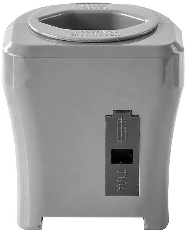 Grauer elektrischer Adapter mit zwei Steckbuchsen oben und einer vertikalen Sicherung neben der Aufschrift '10A'.