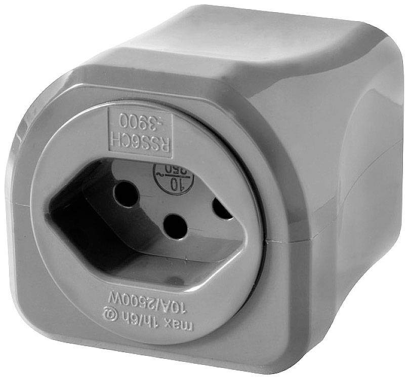 Ein grauer Adapterstecker mit einer runden Öffnung für internationale Steckertypen. Maximaler Strom: 10A, Spannung: 250V.
