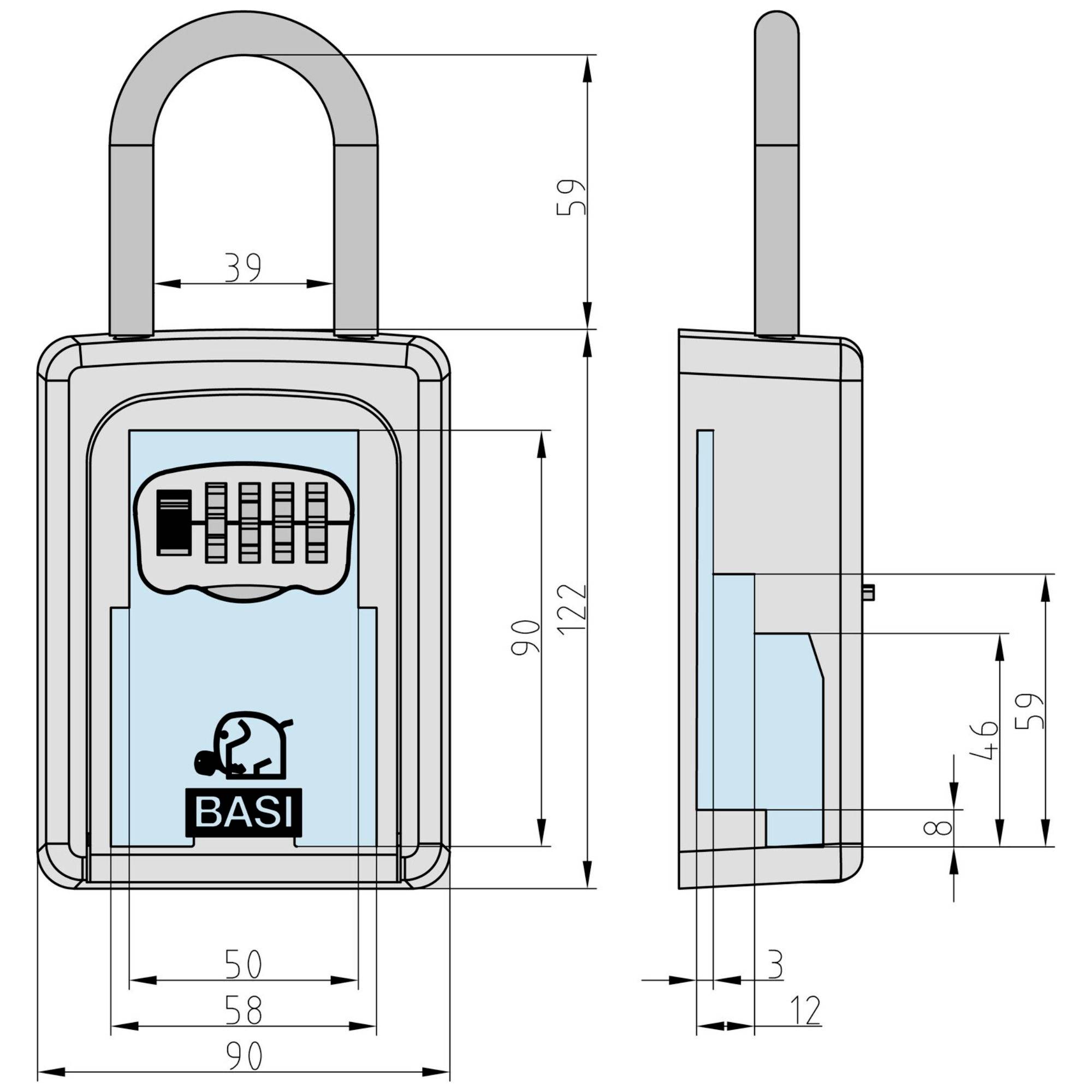 Technische Zeichnung eines BASI-Vorhängeschlosses mit Abmessungen: Höhe 122mm, Bügel Breite 39mm, Vorhängeschloss Breite 90mm; Seitenansicht enthalten.