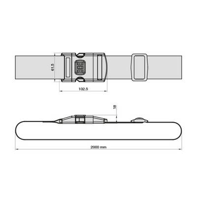 Technische Zeichnung einer rechteckigen Schnalle auf einem Gurt. Maße: Schnalle 61,5 x 102,5 mm, Gurtbreite 18 mm, Gesamtlänge 2000 mm.