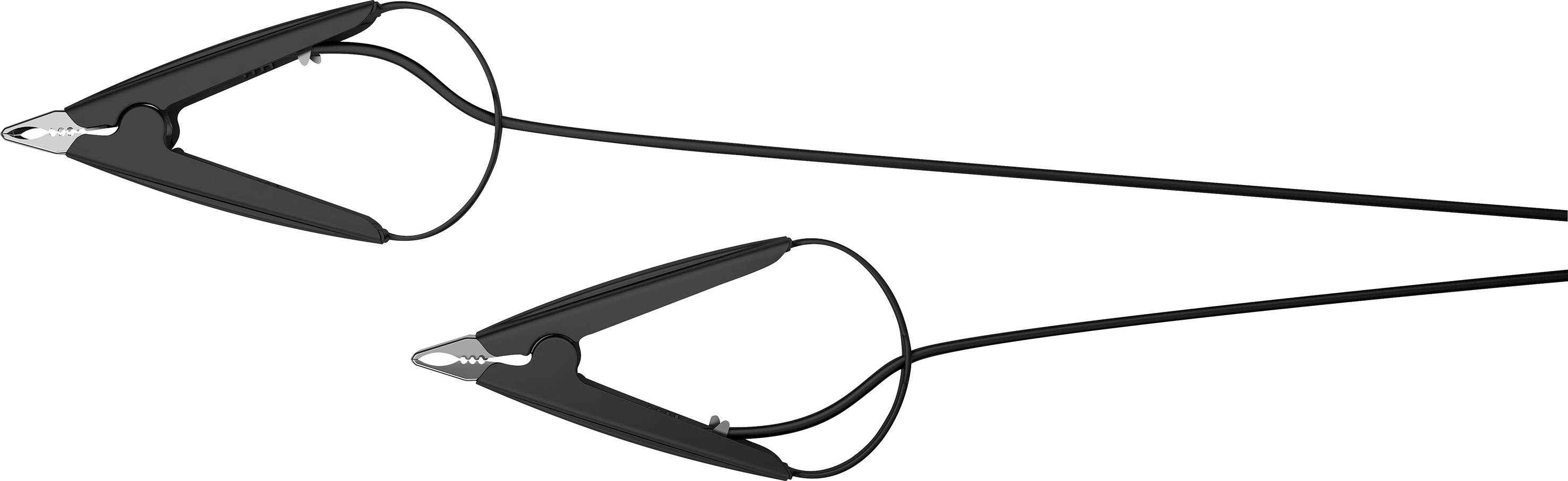 Zwei schwarze Kabel mit Krokodilklemmen an den Enden, typischerweise verwendet für elektrische Verbindungen oder Batterietests.