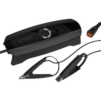'CTEK Batterieladegerät' mit Krokodilklemmen und Kabeln, geeignet zum Laden von Autobatterien.