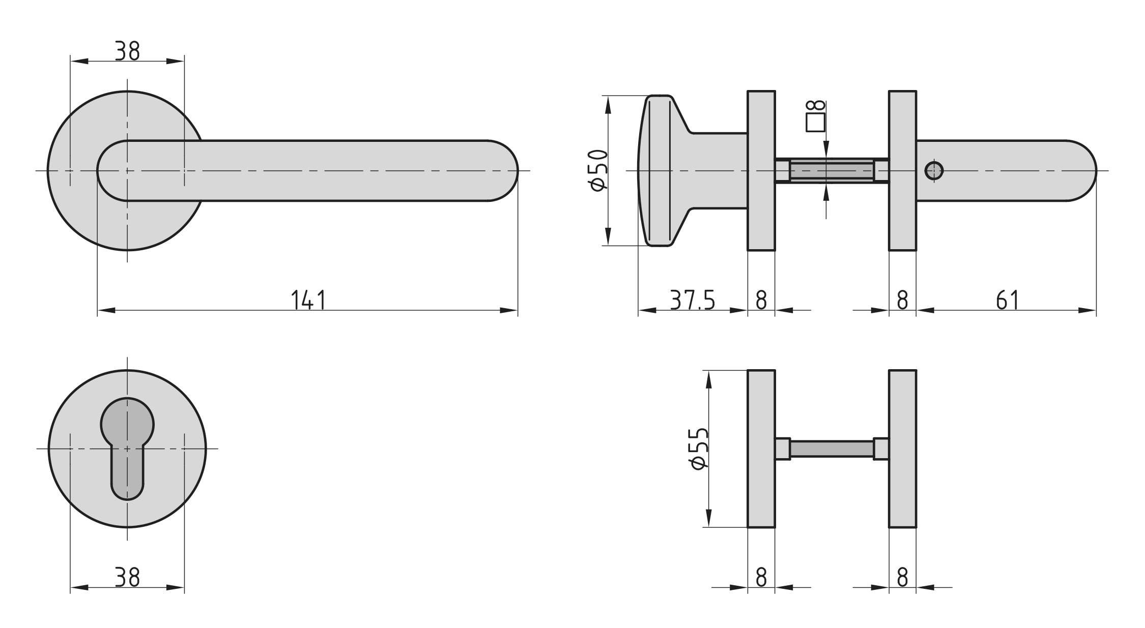 Technische Zeichnung eines Türgriffs mit Rosette, zeigt Maße: Länge 141 mm, Rosettendurchmesser 38 mm, Knaufdurchmesser 50 mm.