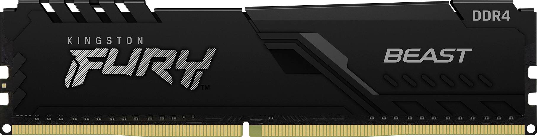 Schwarzer Kingston Fury Beast DDR4-RAM-Riegel mit goldenen Anschlüssen. Großer 'FURY'-Schriftzug links, 'BEAST'-Schriftzug rechts.