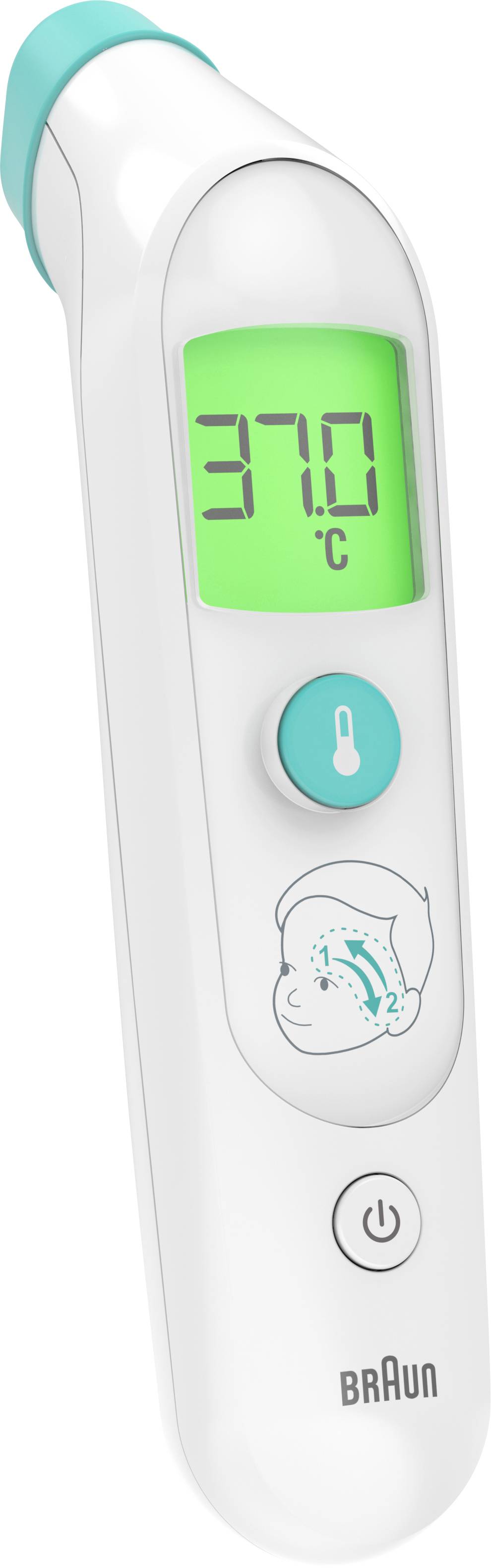 Digitales Stirnthermometer mit grünem Display zeigt 37,0 °C an. Geeignet für Temperaturmessung bei Kindern.