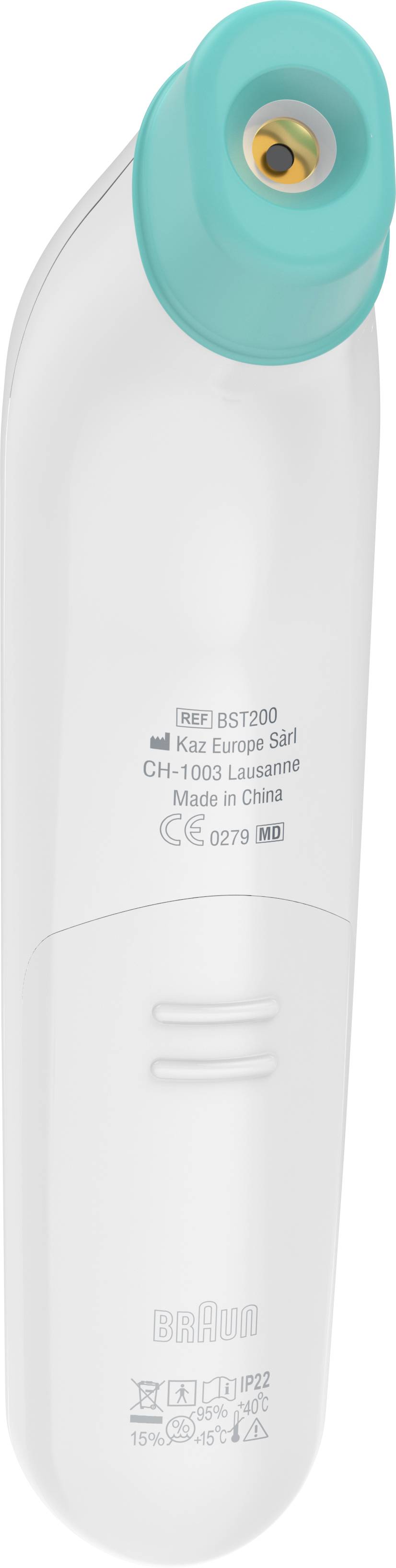 Ein weißes Braun-Ohrthermometer mit grünem Sensor. Das Gerät zeigt Produktdetails und Herstellerinformationen auf der Rückseite.