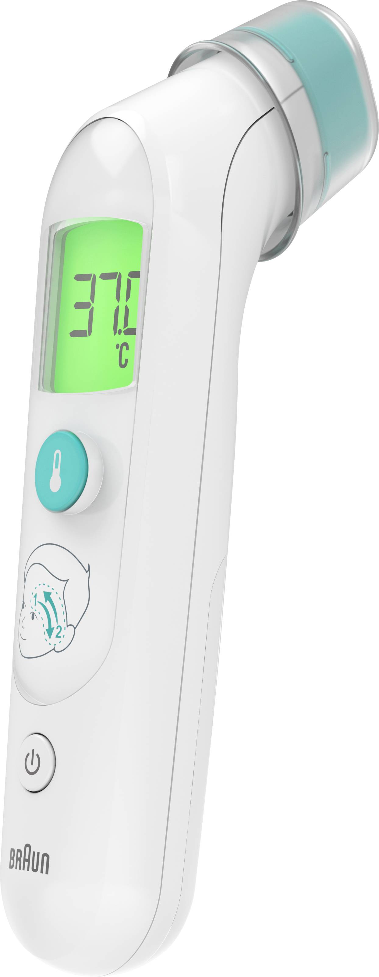 Ein digitales Thermometer mit grün beleuchtetem Display zeigt eine Temperatur von 37,0 °C an.