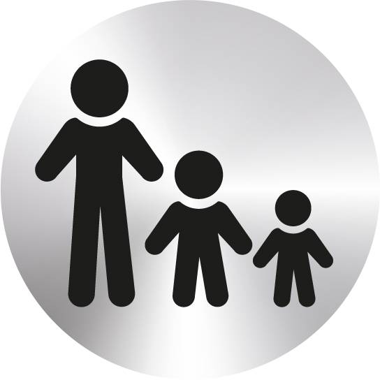 Ein stilisiertes Piktogramm zeigt eine große Figur und zwei kleinere Figuren nebeneinander, symbolisiert Familienfreundlichkeit.