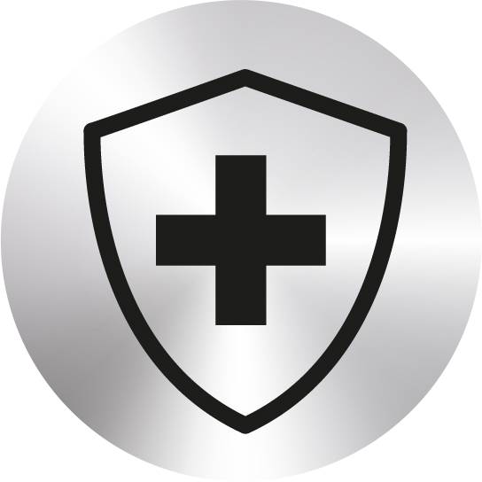 'Silbernes kreisförmiges Symbol mit einem schwarzen Schutzschild und einem schwarzen Kreuz in der Mitte.'