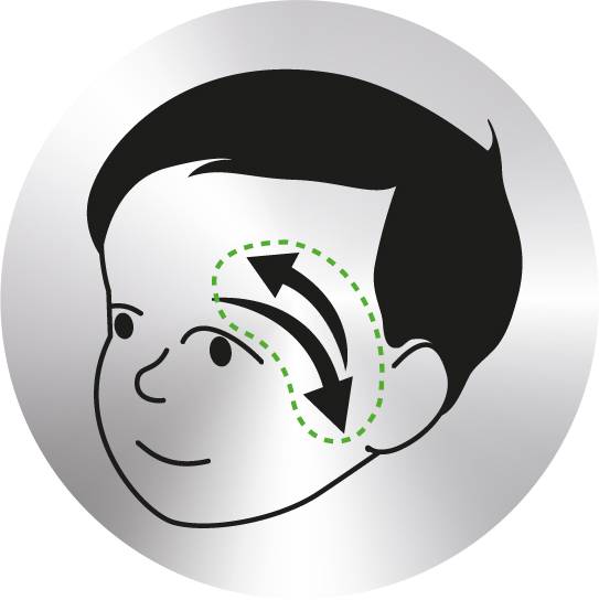 Illustration eines kindlichen Gesichts mit Pfeilen auf der Stirn, die eine Bewegung von den Augenbrauen zur Schläfe zeigen.