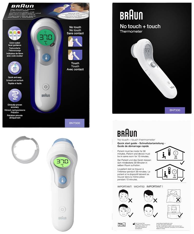 'Braun No touch + touch Thermometer BNT300' Verpackung mit Thermometer und Bedienungsanleitung. Zeigt berührungslose Messung.