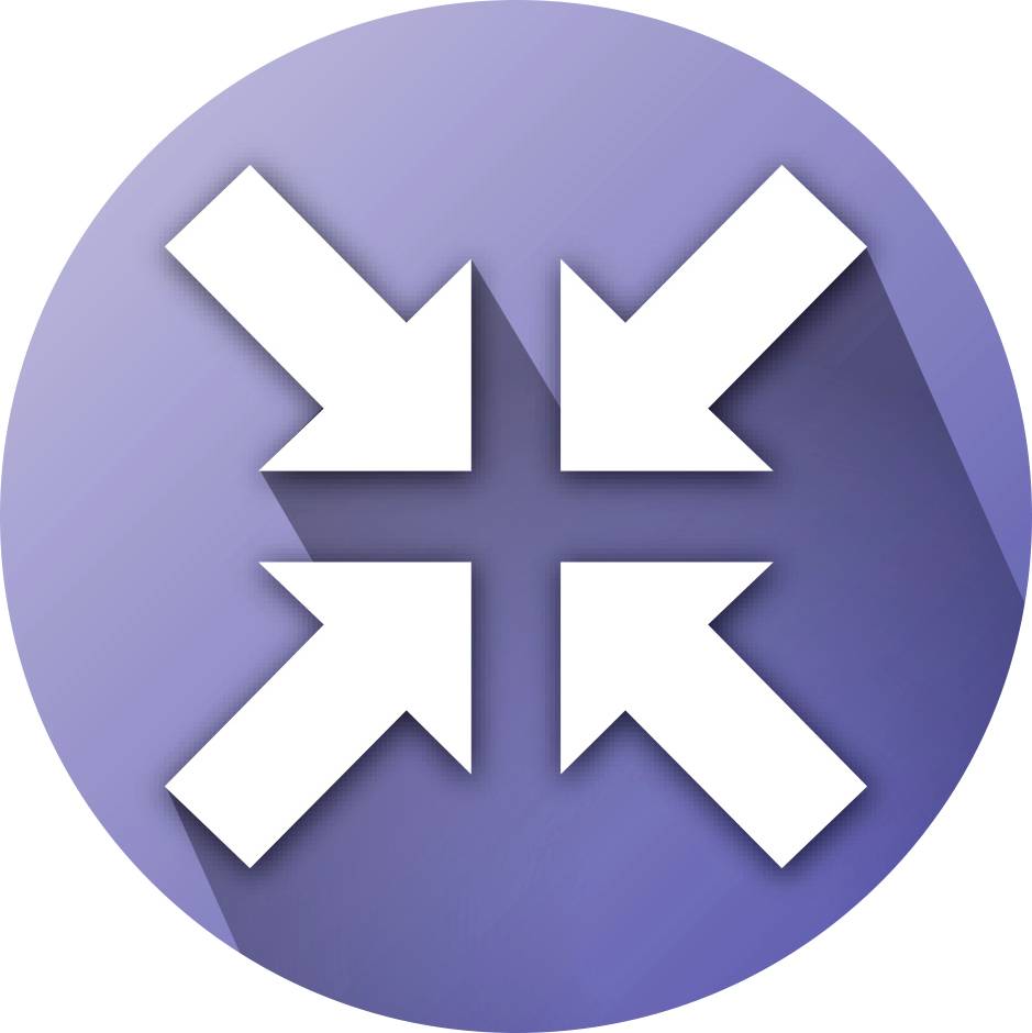 Vier weiße Pfeile zeigen zur Mitte eines blauen Kreises und symbolisieren Konvergenz oder Zusammenführung.
