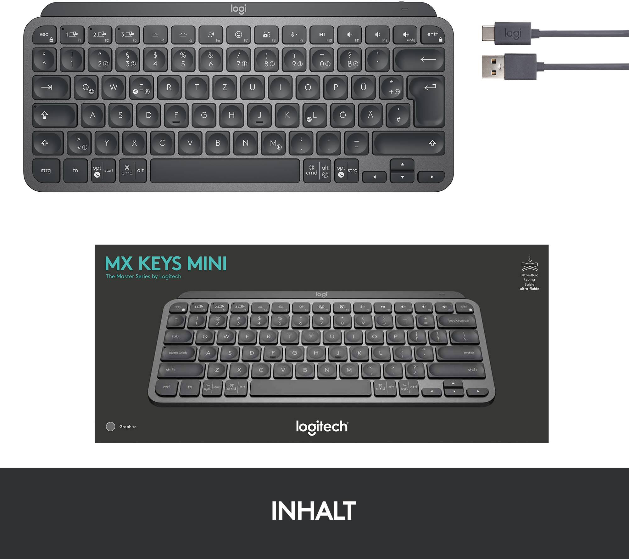 Oben: Schwarze kabellose Tastatur mit kompaktem Design. Unten: Verpackung zeigt dieselbe Tastatur von "Logitech". Rechts: USB-Empfänger.
