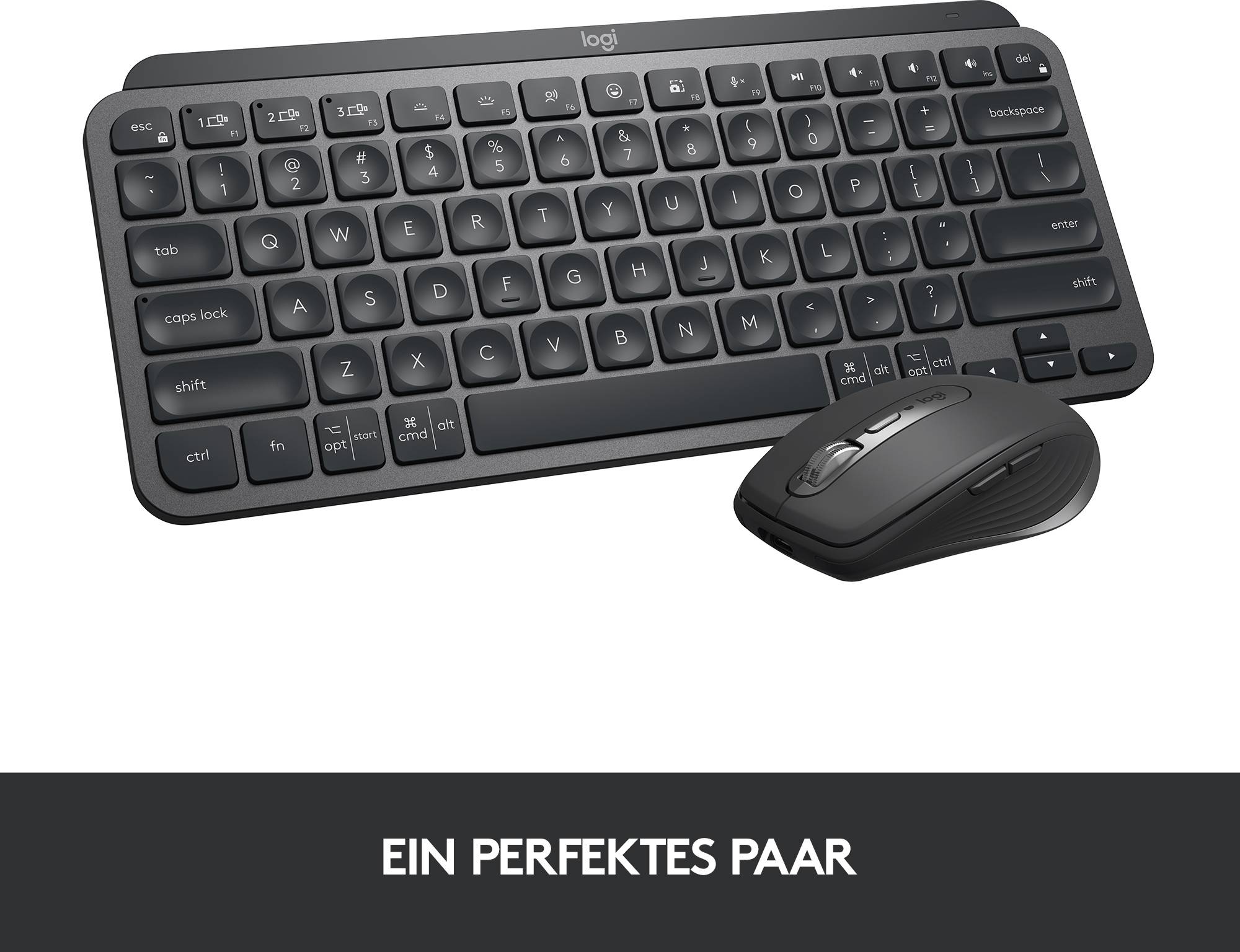Eine schwarze Tastatur und Maus mit dem Text 'Ein perfektes Paar' darunter.
