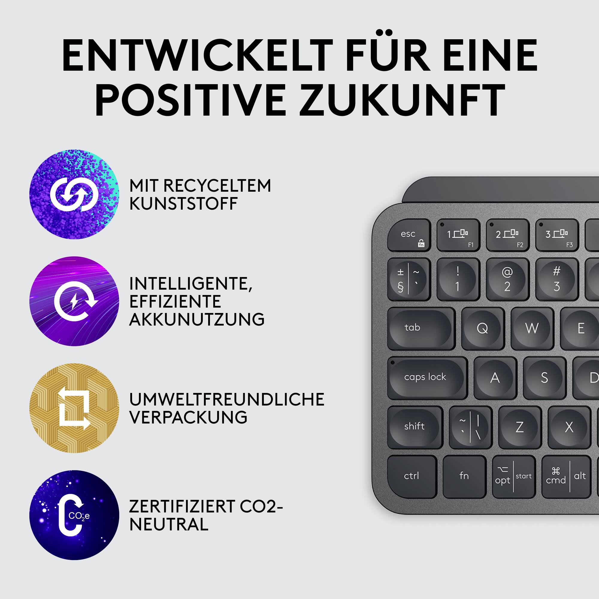 Vier Symbole links mit Text: 'Mit recyceltem Kunststoff', 'Intelligente, effiziente Akkunutzung', 'Umweltfreundliche Verpackung', 'Zertifiziert CO2-neutral'. Rechts eine Tastatur.