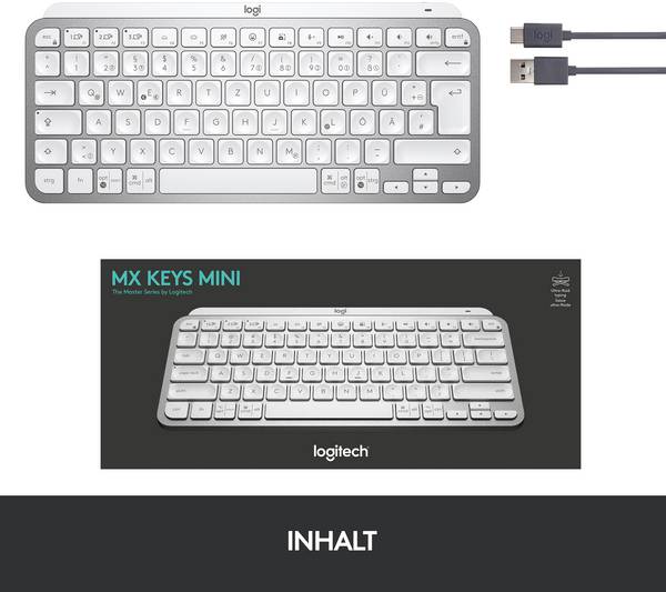Logitech MX Keys Mini Bluetooth® Tastatur Deutsch, QWERTZ Grau Beleuchtet, Geräuscharme Tasten, Multipair-Funktion, Wiederaufladbar