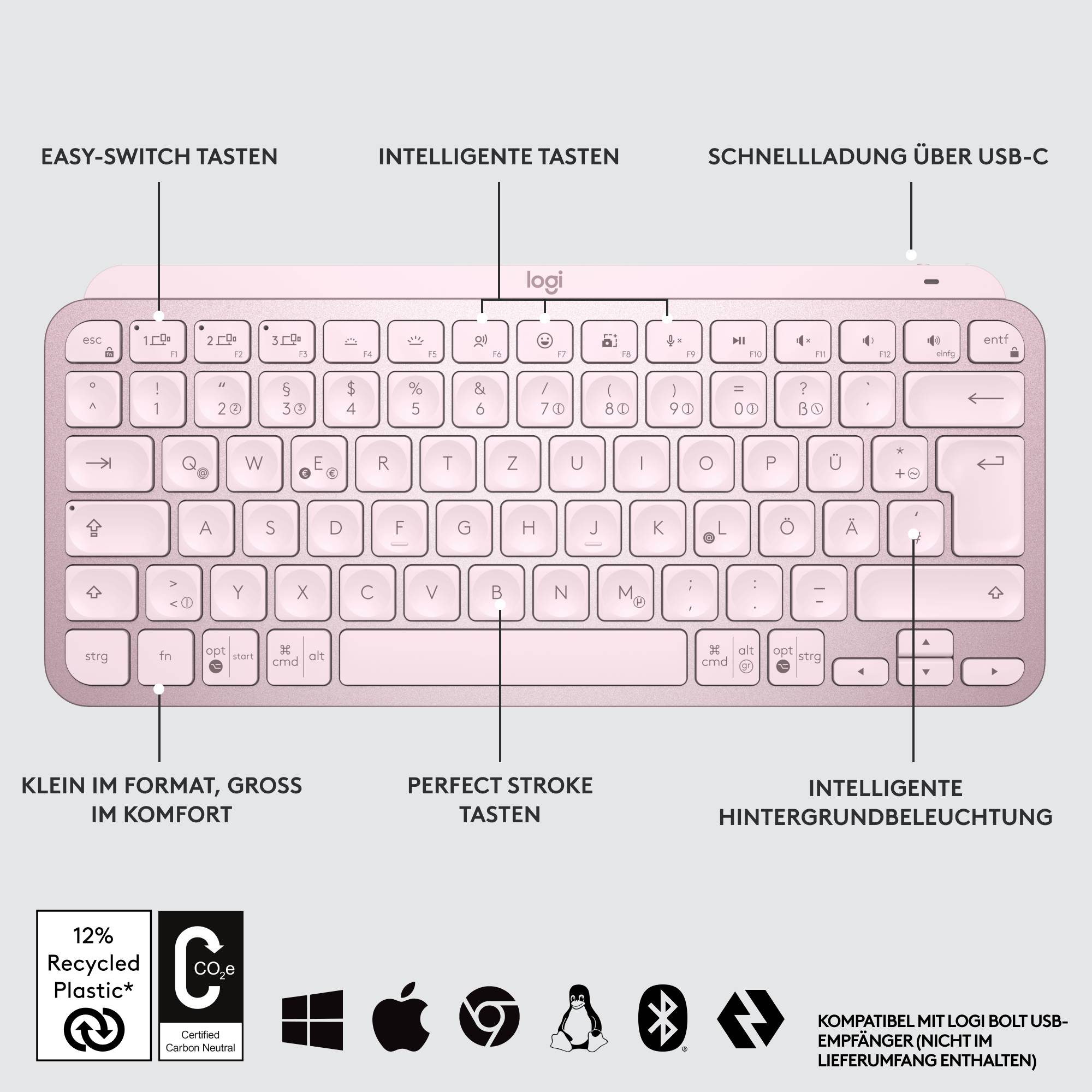 Logitech MX Keys Mini Bluetooth® Tastatur Deutsch, QWERTZ Rose Beleuchtet, Geräuscharme Tasten, Multipair-Funktion, Wied-8