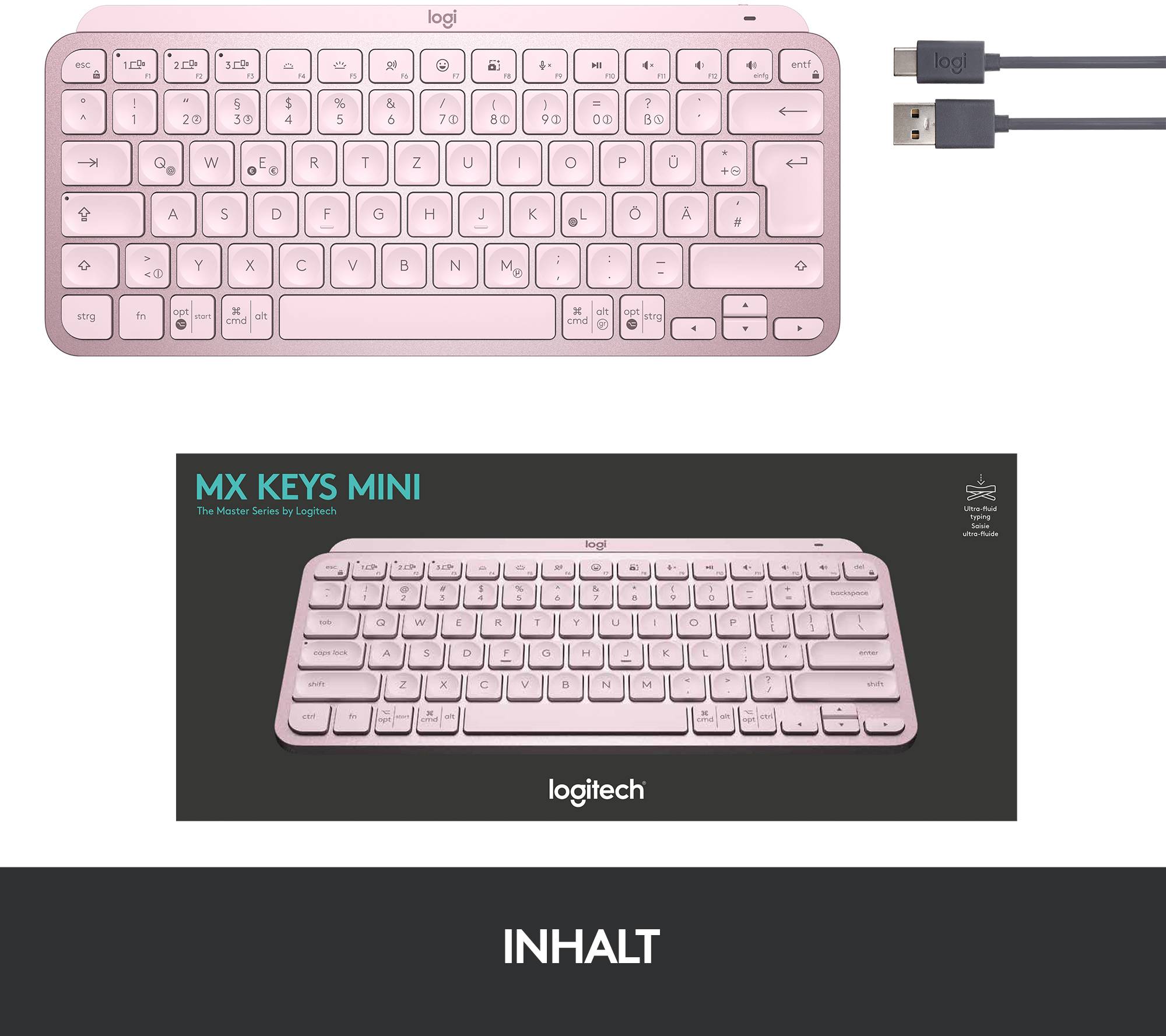 Logitech MX Keys Mini Bluetooth® Tastatur Deutsch, QWERTZ Rose Beleuchtet, Geräuscharme Tasten, Multipair-Funktion, Wied-12